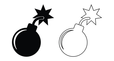 Minimalist bomb icon illustration in solid and outline styles with fuse sparks, isolated on white background