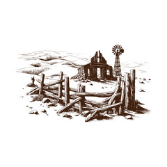 Hand drawn sketch of an old farm with windmill