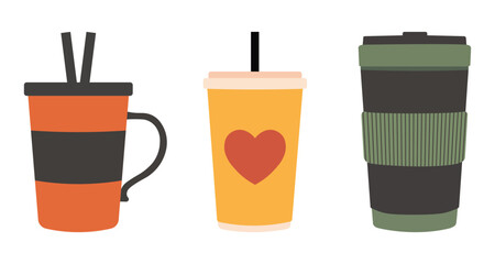 Minimalist illustration of three beverage cups in varied styles ceramic, disposable, and travel mug isolated on white background