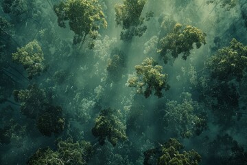 From above, a vibrant forest of pine trees stretches across the landscape, with sunlight filtering through the dense foliage, creating a serene atmosphere