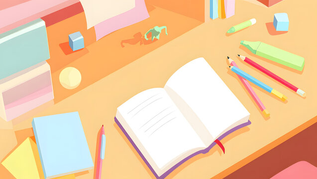 Colorful pastel illustration of a study desk with open book