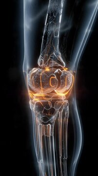 Medical illustration of a knee joint showing skeletal structure and highlights