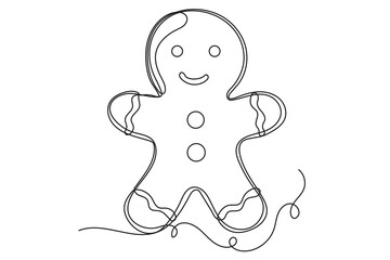 Winter Holiday Decoration Gingerbread Cake Line Art. Christmas or New year Greeting Card Template. Outline Cute Cartoon Christmas Cookie Toy Illustration. Happy Holiday Family Party Invitation Design 