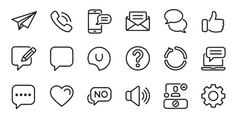 Outline Communication and Chat Vector Icon Set - UI, Social Media, Contact, and Messaging Line Art