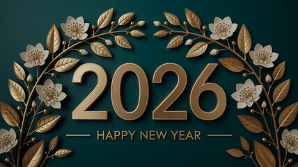 Elegant 2026 happy new year greeting with ornate golden floral wreath and festive text