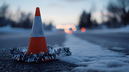 Roadside safety alert cone bedecked with festive holiday tinsel, sitting on the edge of a snowy street with bokeh lights, evoking a sense of caution and the season.