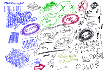 Blue pen scribble and doodle collection. Blue pen lines, arrows and scribbles at grid notebook background. Crayon drawn note doodles for hand drawn diagram, infographic and journaling.