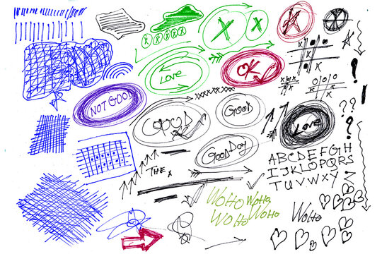 Blue pen scribble and doodle collection. Blue pen lines, arrows and scribbles at grid notebook background. Crayon drawn note doodles for hand drawn diagram, infographic and journaling.