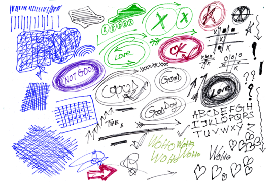 Blue pen scribble and doodle collection. Blue pen lines, arrows and scribbles at grid notebook background. Crayon drawn note doodles for hand drawn diagram, infographic and journaling.