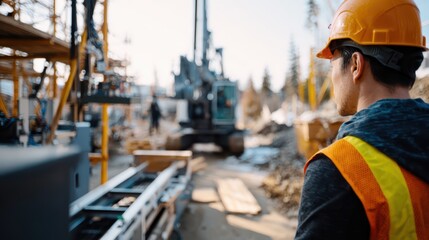 Construction worker wearing helmet and safety vest supervising heavy machinery operation at outdoor industrial site on sunny day