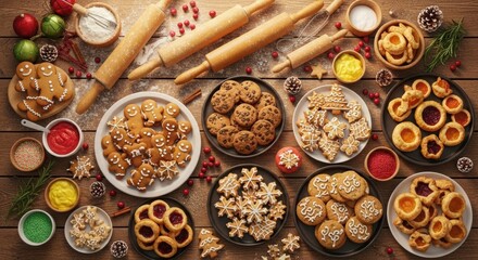 Christmas cookie baking flat lay with various holiday treats, rolling pins, flour, and sprinkles on a wooden table, for winter holiday celebration.