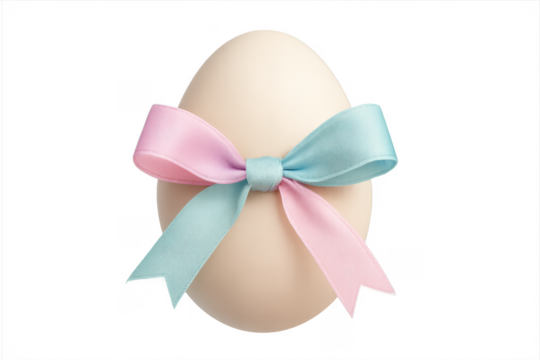 White egg with pink and blue gender reveal ribbon
