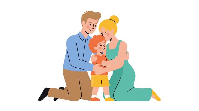 Happy International Children&rsquo;s Day Family Hug Vector Animation. Heartwarming vector animation showing a small child being lovingly embraced by both parents in a clean, flat cartoon style.