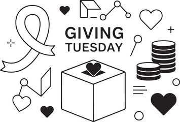 Giving Tuesday donation and charity icons with ribbon and hearts fundraising support