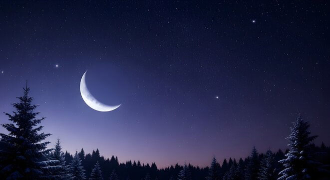 A magical nighttime landscape featuring a large, bright crescent moon illuminating a deep, indigo-to-purple-hued sky filled with stars. - Powered by Adobe