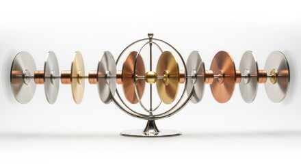 Abstract Kinetic Sculpture with Reflective Discs on White Background.