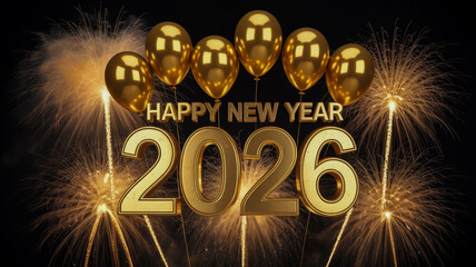 Golden balloons form happy new year 2026 against a festive fireworks display
