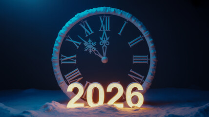 Approaching midnight on a roman numeral clock with glowing 2026 numbers in winter snow