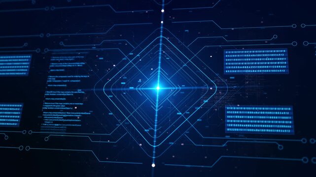 Quantum Computing, Cyber Security, Futuristic Technology Artificial Intelligence Digital Grid. Neural Network Big Data Flow Visualization, Binary Code Matrix, AI Machine Learning Abstract Background