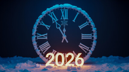 Glowing 2026 numbers illuminate a frosty roman numeral clock face at midnight