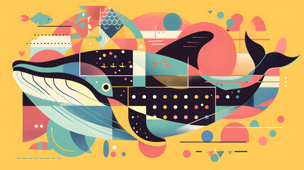 Cartoon Whale flat vibrant colors geometric
