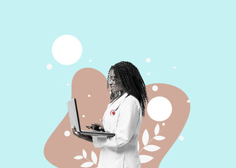 Portrait of confident young medical woman doctor with laptop and hand with insurance card - set against a vibrant flat design background, ideal for healthcare marketing.