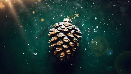 Magical Christmas pine cone ornament with snow and light rays on a dark moody green background