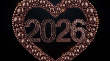 Heart shaped frame with the year 2026 in metallic numbers on a dark background