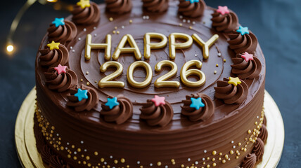 Delicious chocolate cake decorated with happy 2026 message and star sprinkles for new year celebration