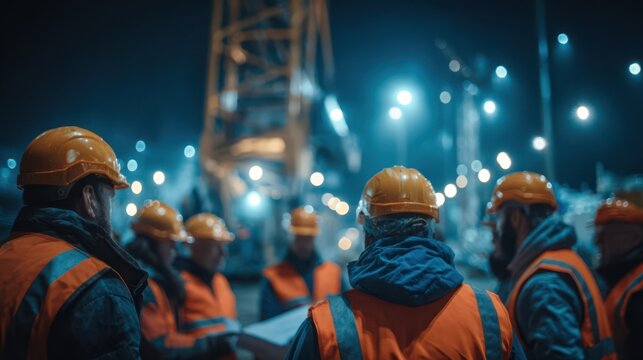 Group of construction workers in helmets and reflective vests gathered under bright lights at night discussing plans at industrial site - Powered by Adobe
