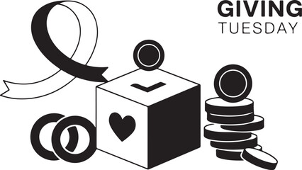 Giving Tuesday donation box with coins and awareness ribbon charity fundraising