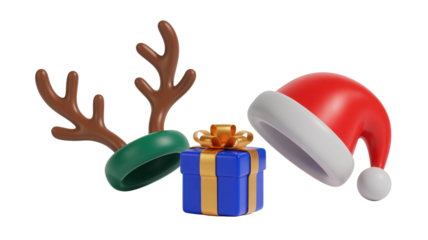Festive christmas illustration featuring a blue gift box with golden ribbon a red santa hat and reindeer antlers isolated on transparent background