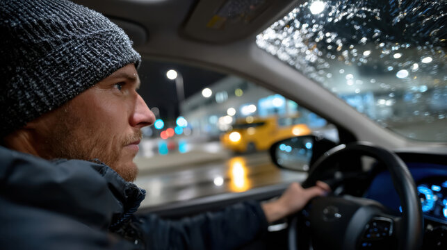 A focused driver navigates through a rainy urban environment at night, capturing the essence of solitude and introspection amid city lights.