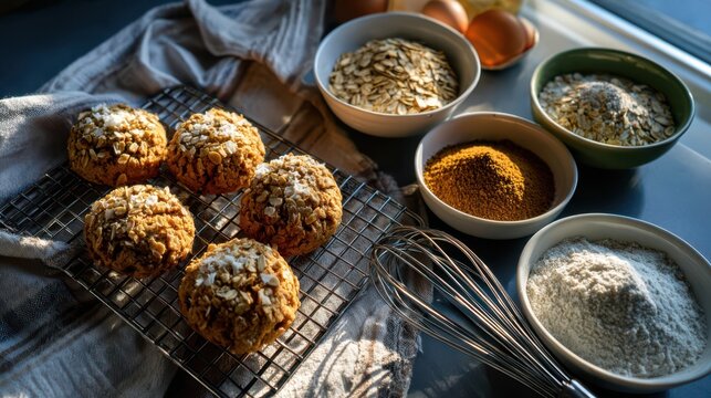 Freshly baked oatmeal cookies cooling on wire rack with baking ingredients like flour sugar and oats in warm morning kitchen light