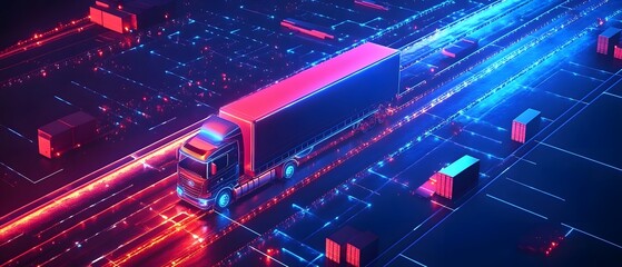 A futuristic self-driving truck navigating a neon city, showcasing smart logistics.