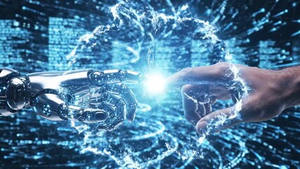 Human and robotic hands reaching toward each other over a big data network, symbolizing AI collaboration, machine learning integration, and advanced technology connection - Powered by Adobe