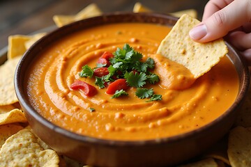 Delicious bowl of queso dip with tortilla chips and a hand dipping chip