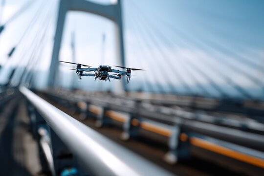 Modern drone flying over suspension bridge with blurred cables in background during clear daylight for aerial photography concept