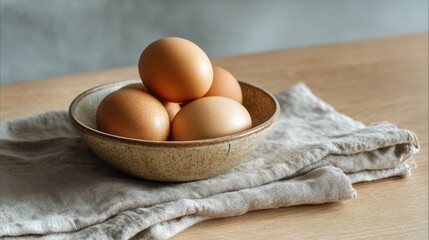 Bowl of fresh brown eggs placed on folded linen cloth on wooden table in soft natural light, representing simplicity, organic food, and rustic home kitchen style