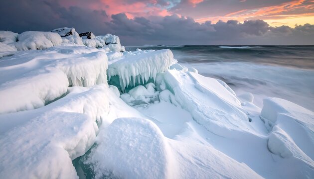 Frozen Icy Landscape at Sunrise.