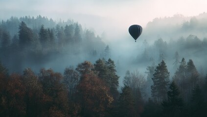 Misty forest vista with hot air balloon (1)