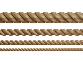 Close up of four different natural fiber ropes of varying thickness isolated on transparent background