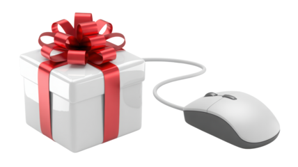 A white gift box with a red ribbon and bow connected by a wire to a computer mouse symbolizing online shopping and gift giving isolated on transparent background
