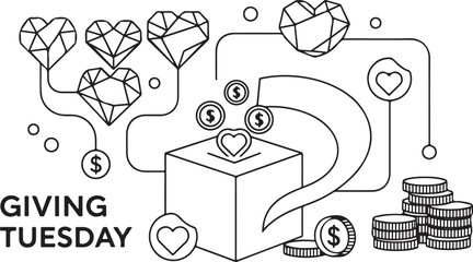 Giving Tuesday donation concept with geometric hearts and coins charity fundraising