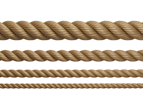 Close up of four different natural fiber ropes of varying thickness isolated on transparent background