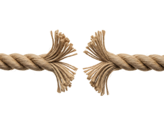Thick natural fiber rope frayed and broken in the middle isolated on transparent background