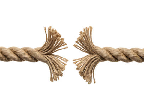 Thick natural fiber rope frayed and broken in the middle isolated on transparent background