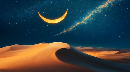 Crescent moon over golden sand dunes.