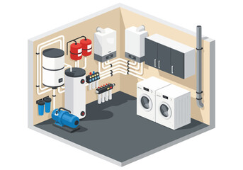 An isometric cutaway illustration details a modern utility room's complex system, including boilers, water heaters, filtration units, a pump, and laundry appliances