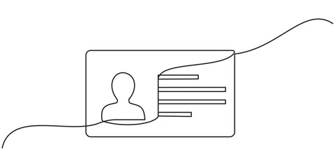Minimalist continuous line drawing of a blank ID card hanging from a lanyard. Simple vector design representing identification, business access, employee badge, or conference credentials.